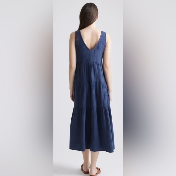 Quince 100% Organic Cotton Gauze Tiered Maxi Dress Navy Size Large - Picture 6 of 12